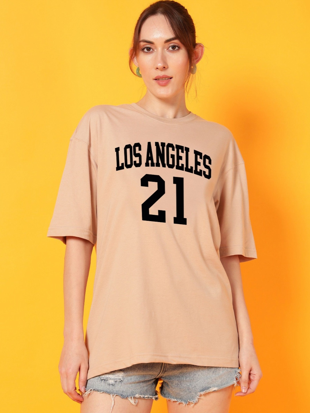 

Mast & Harbour Women Printed Drop-Shoulder Sleeves Abzorb T-shirt, Beige