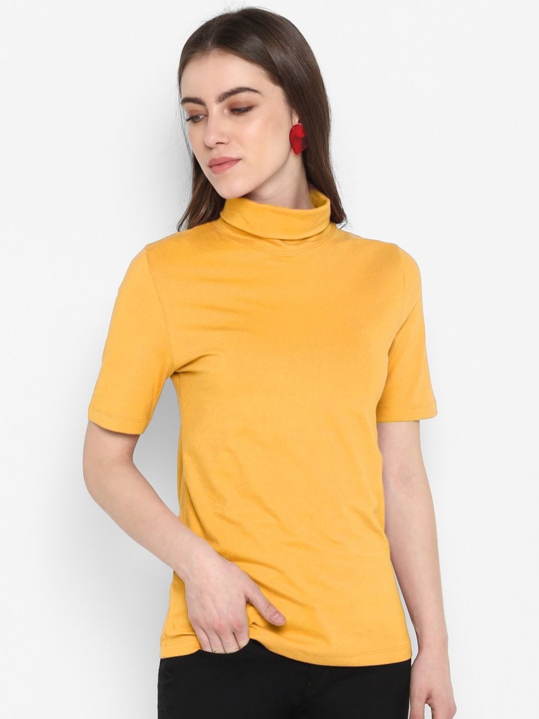 

Metronaut Women High Neck Slim Fit T-shirt, Mustard