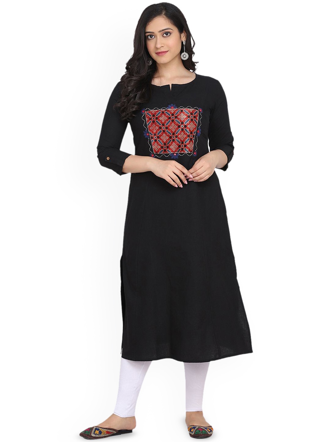 

HRITIKA Floral Yoke Design A-Line Cotton Kurta, Black