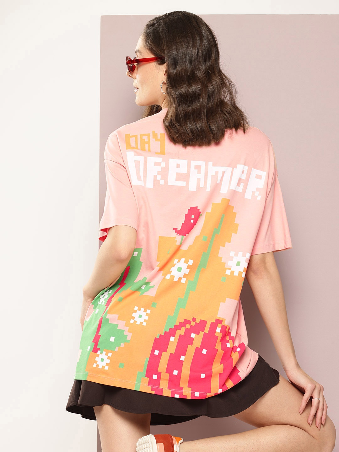 

Kook N Keech Printed Drop-Shoulder Sleeves Pure Cotton Oversized T-shirt, Peach