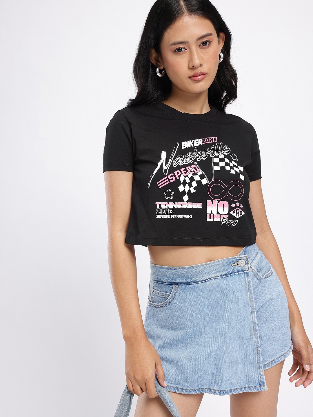 

DressBerry Street Rebel Printed Boxy Crop T-shirt, Black