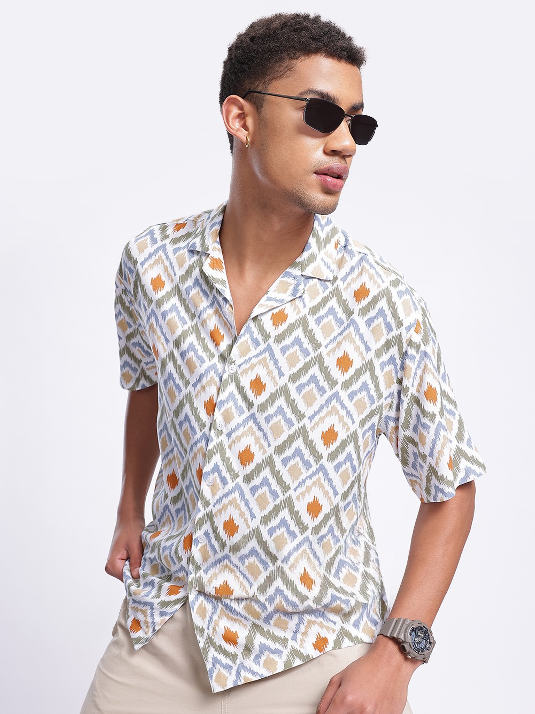 

glitchez Ikat Rizz Geometric Play Oversized Shirt, White