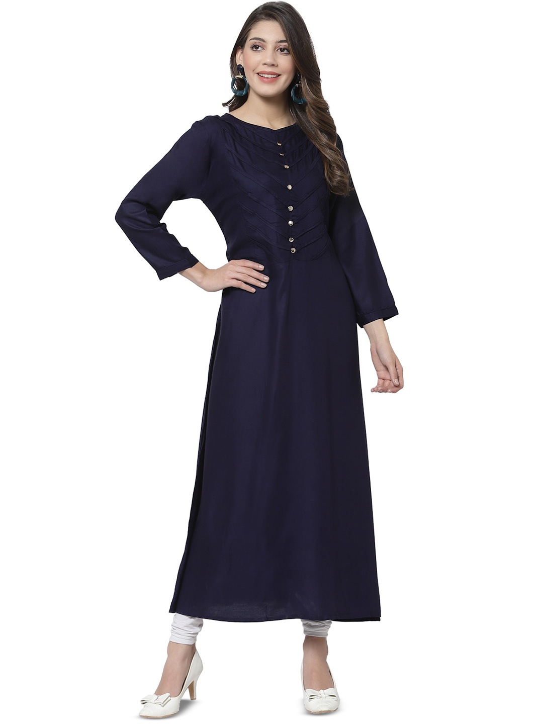 

DELIS Yoke Design Round Neck Pure Cotton A-Line Kurta, Navy blue