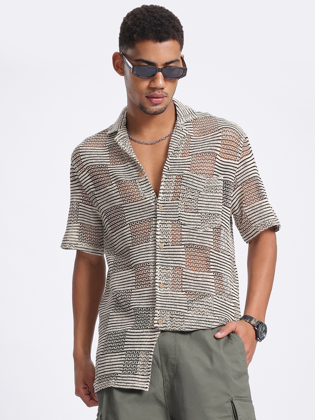 

glitchez Sheer Edge Self Design Chest Pocket Detail Relaxed Shirt, Beige