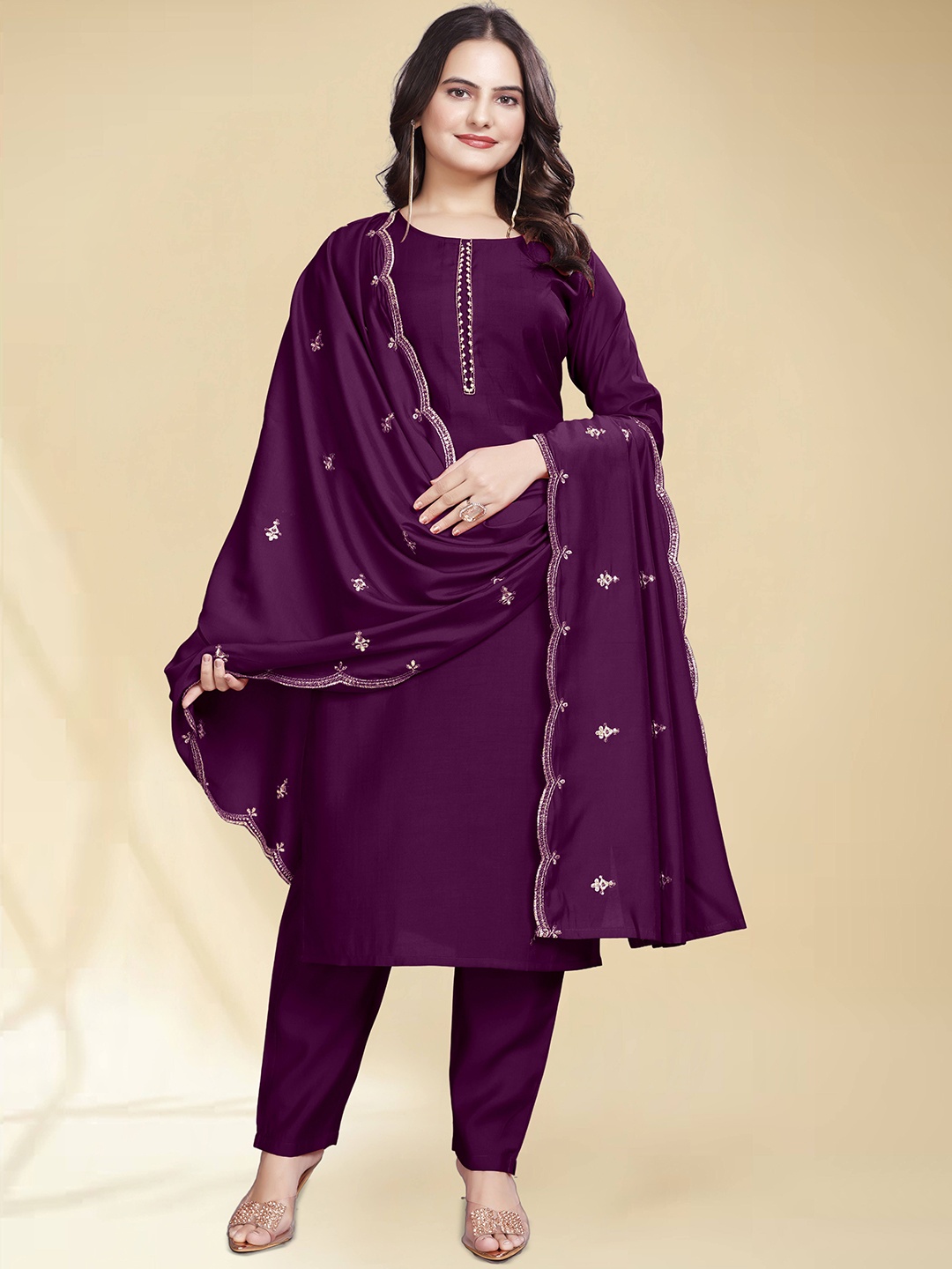 

SIDYAL Women Regular Pure Cotton Kurta with Trousers & With Dupatta, Purple