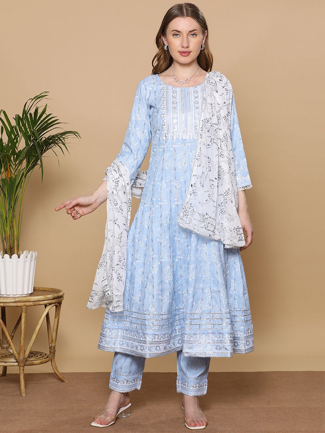 

DUMMY SHAPE Floral Printed A Line Kurta With Trousers & Dupatta, Blue