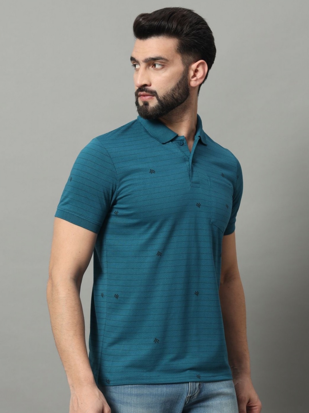 

OGEN Men Striped Polo Collar Pockets T-shirt, Teal