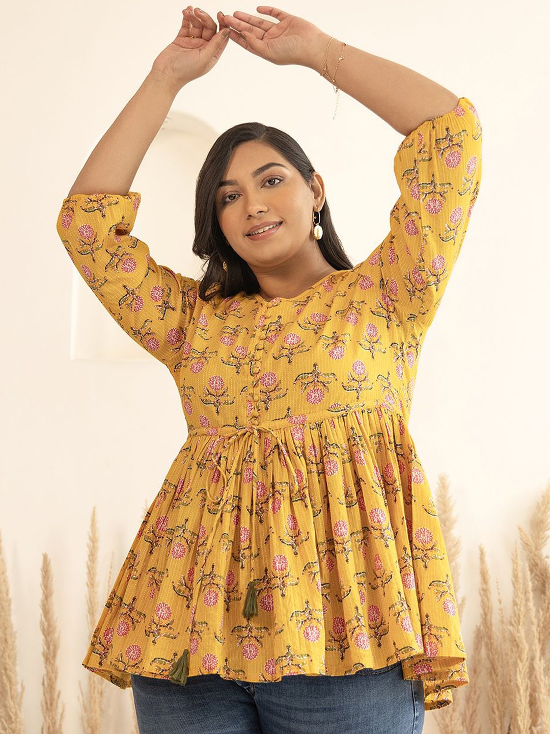 

KALINI Floral Print Puff Sleeve Cotton Top, Mustard