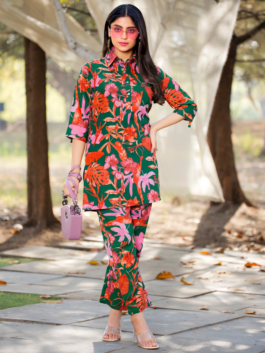 

Moda Rapido Floral Printed Shirt Collar Cotton Tunic & Trouser, Rust