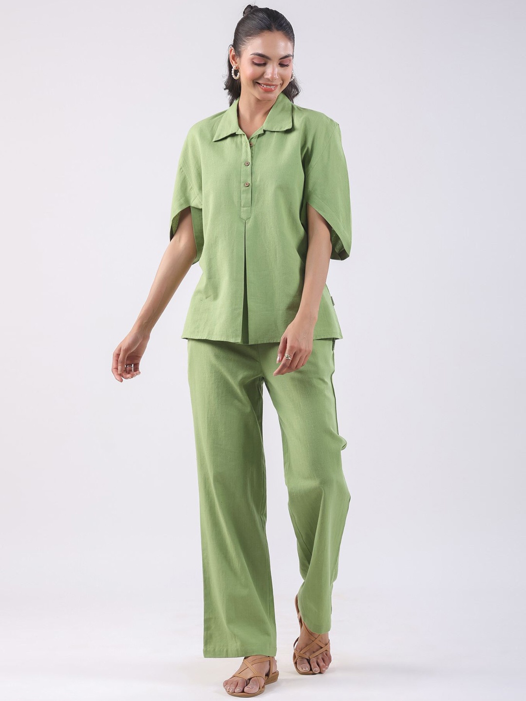 

JISORA Shirt Collar Pure Cotton Tunic With Trousers Co-Ords Set, Green