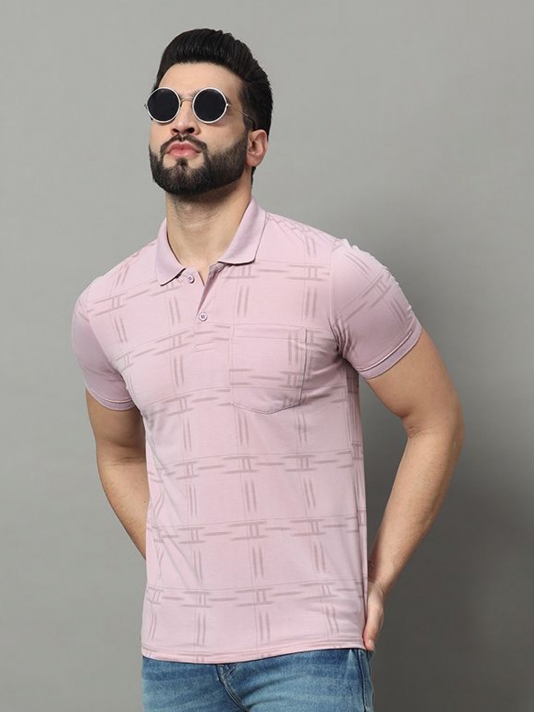 

OGEN Men Printed Polo Collar Pockets T-shirt, Peach