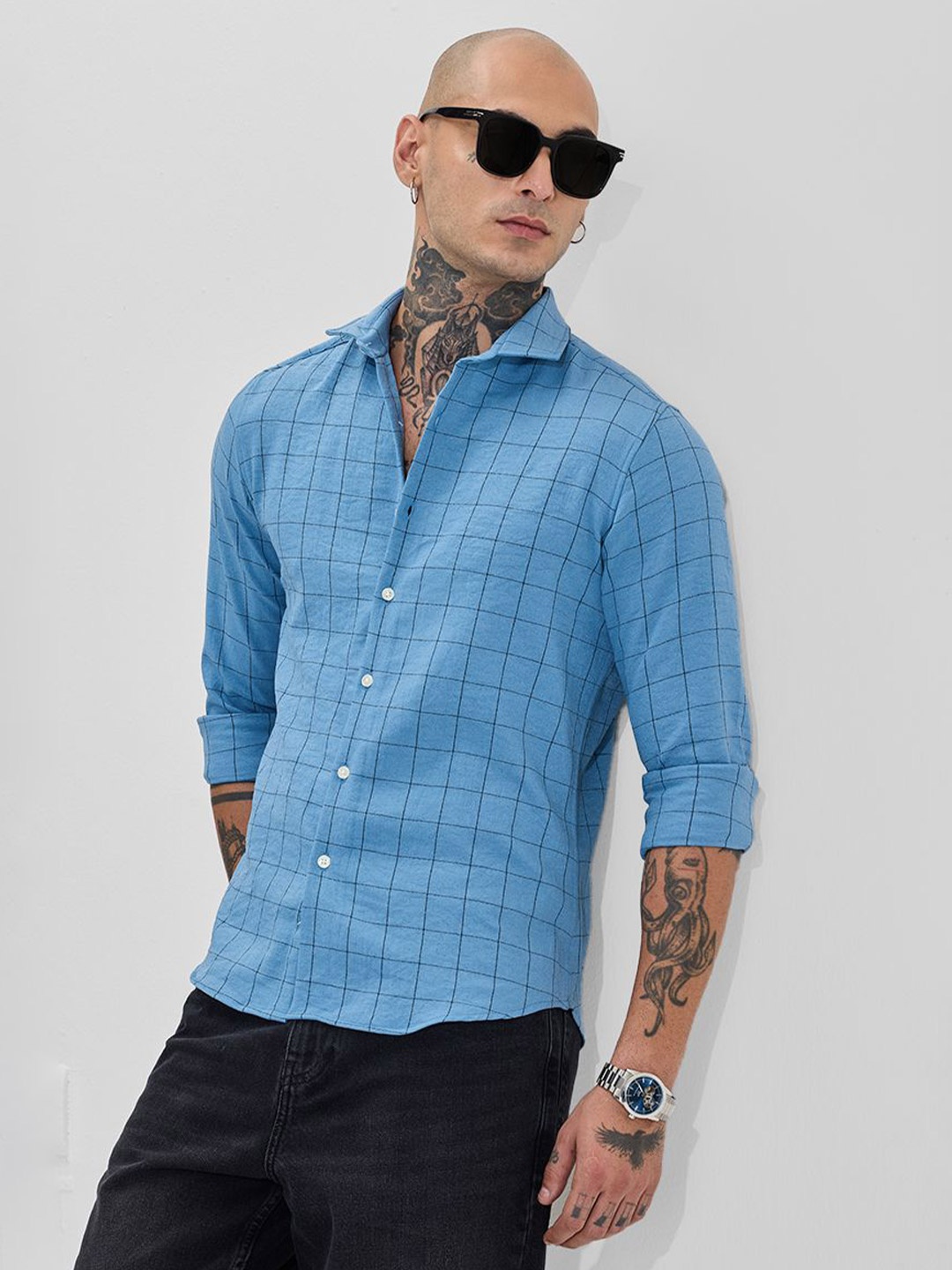 

Snitch Men Slim Fit Opaque Checked Formal Shirt, Blue