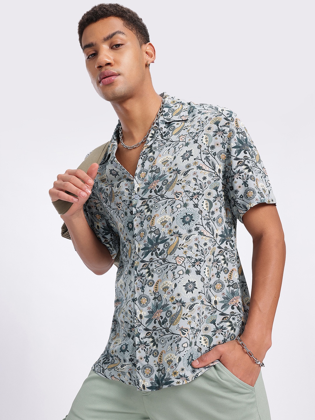 

glitchez Whimsical Flora Printed Relaxed Shirt, Blue