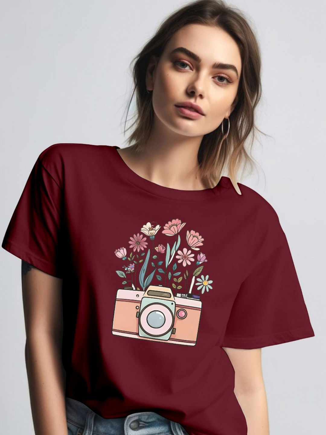 

Moda Rapido Women Printed Round Neck Tshirt, Maroon