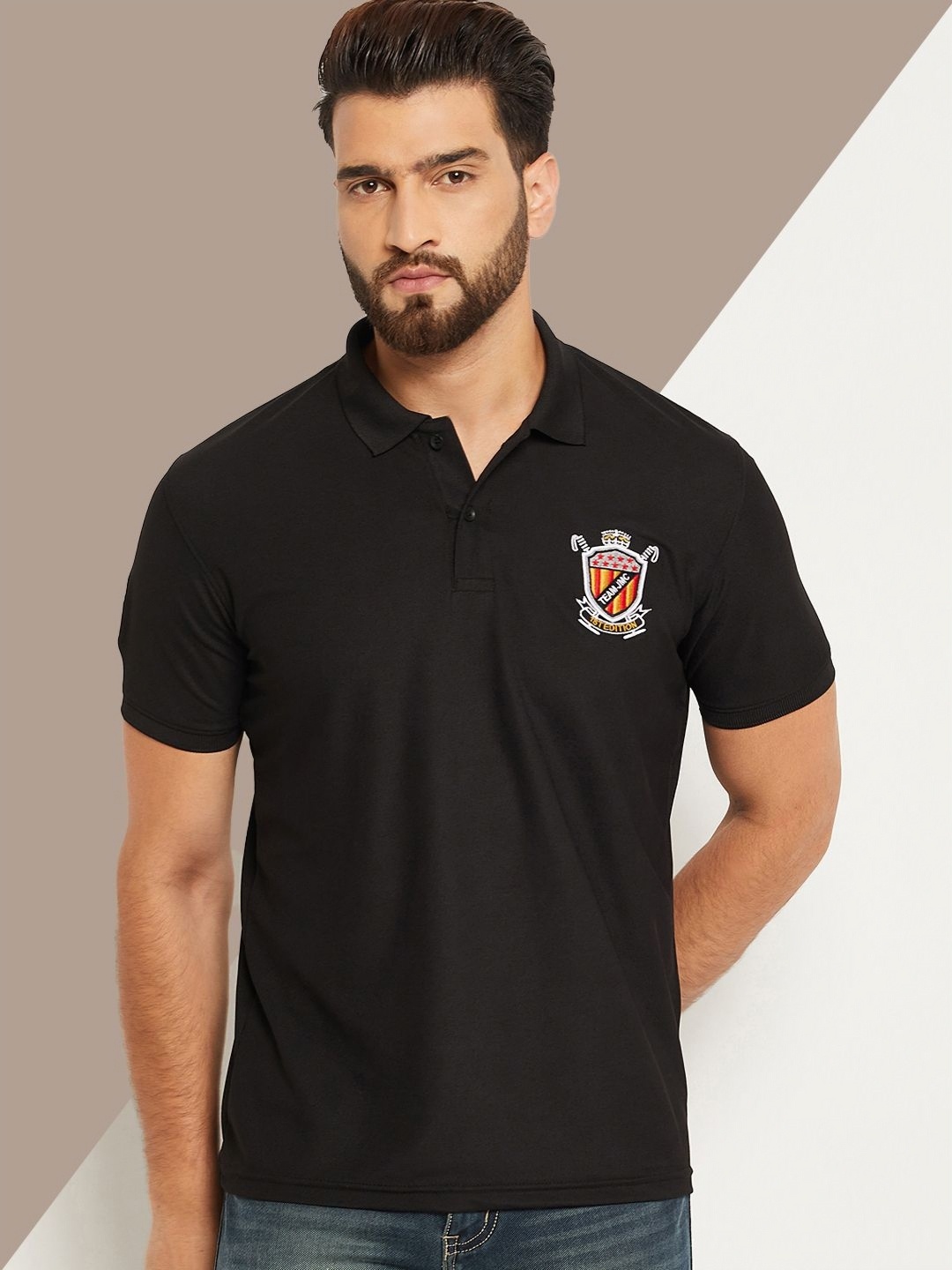 

OGEN Men Polo Collar Applique T-shirt, Black