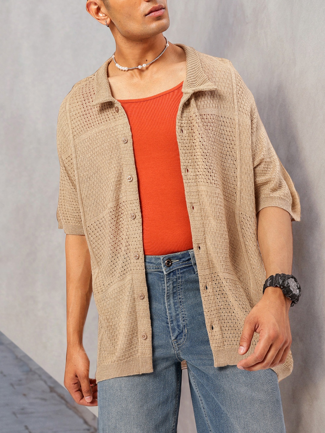 

Kook N Keech Relaxed Rebel Open-Knit Shirt, Beige
