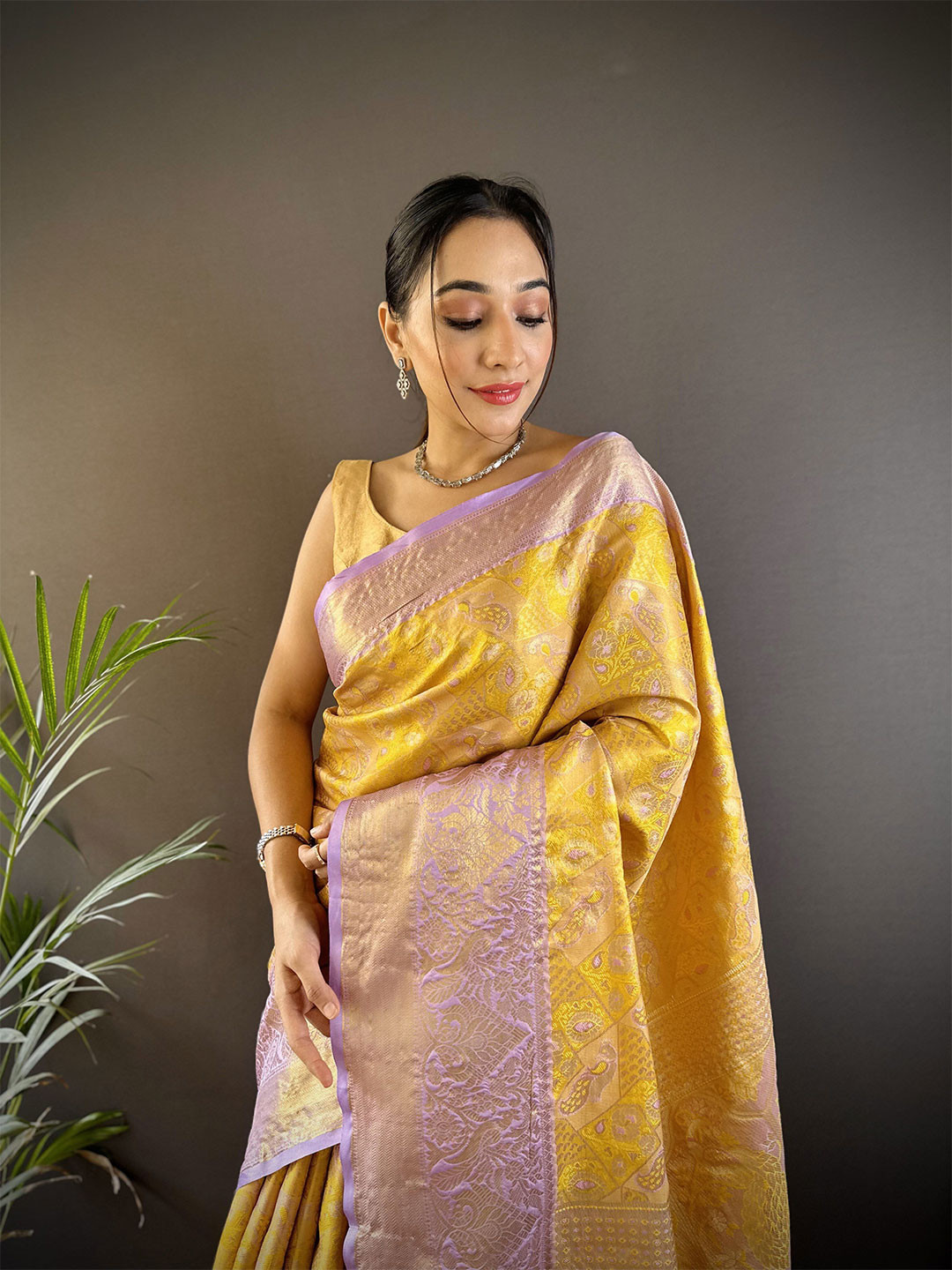 

NIWAA Woven Design Zari Tissue Kanjeevaram Saree, Yellow