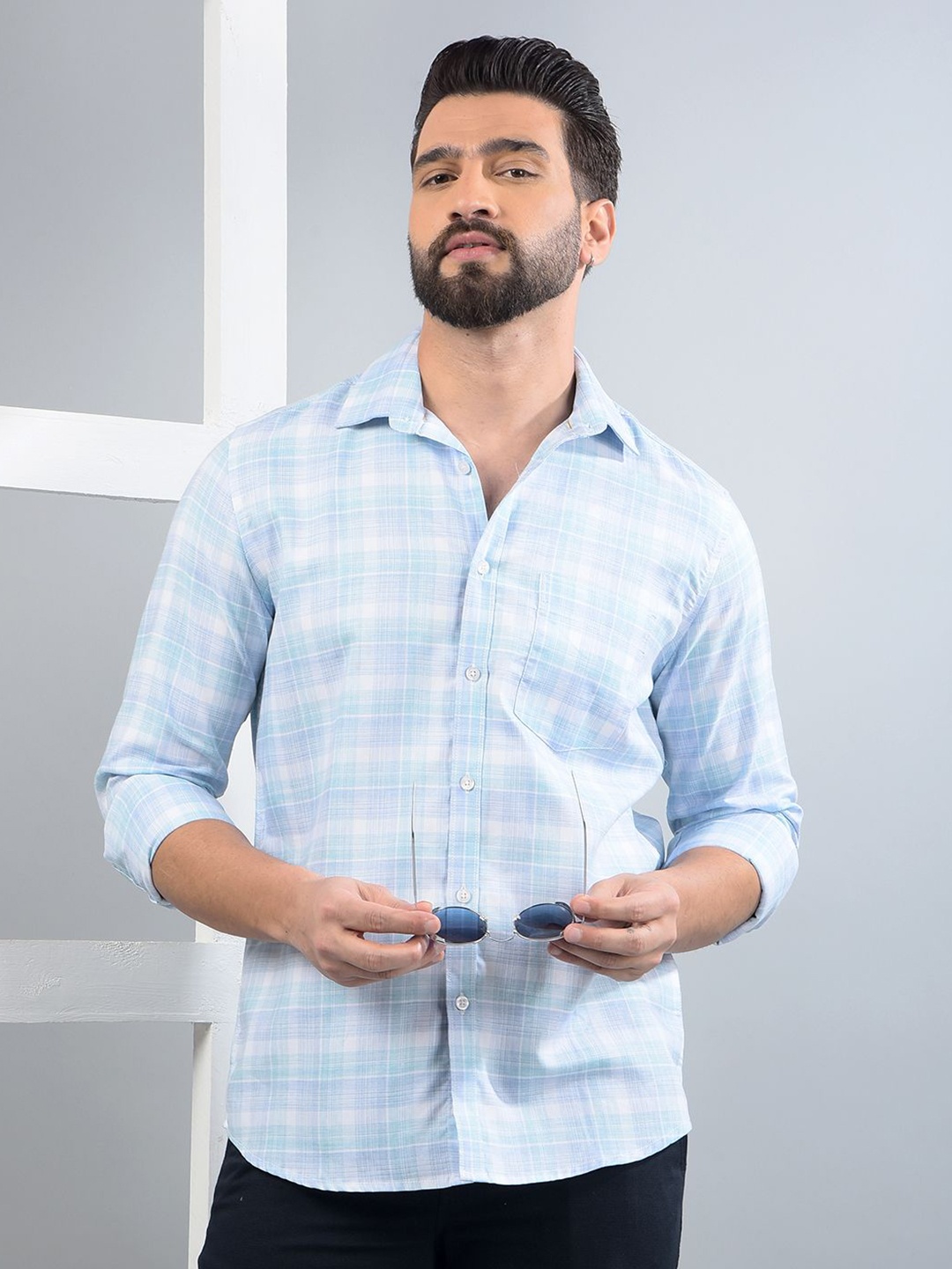 

Crimsoune Club Men Classic Slim Fit Tartan Checks Opaque Checked Casual Shirt, Blue