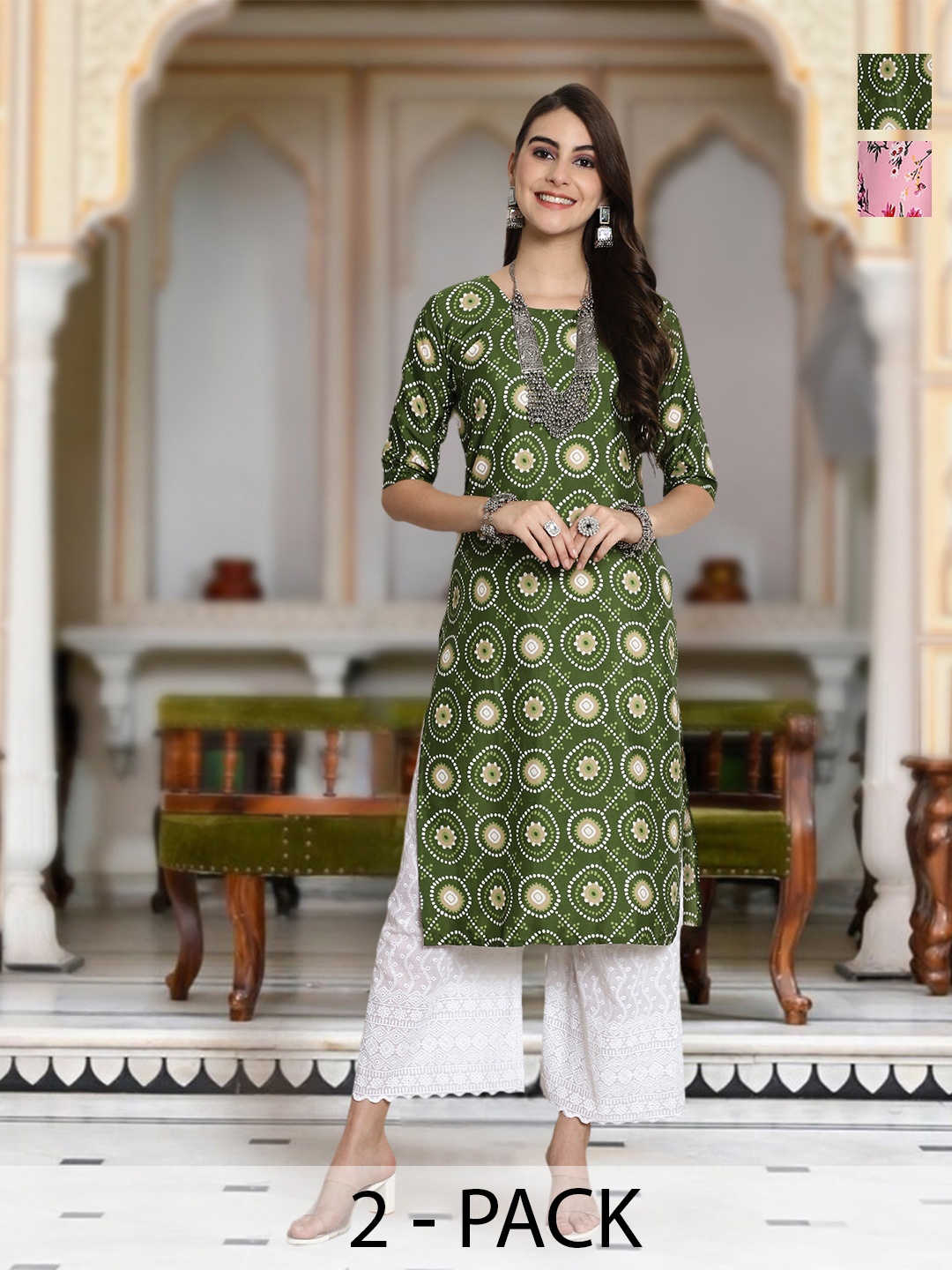 

Moda Rapido Selection Of 2 Bandhani Printed Round Neck Straight Kurta, Green