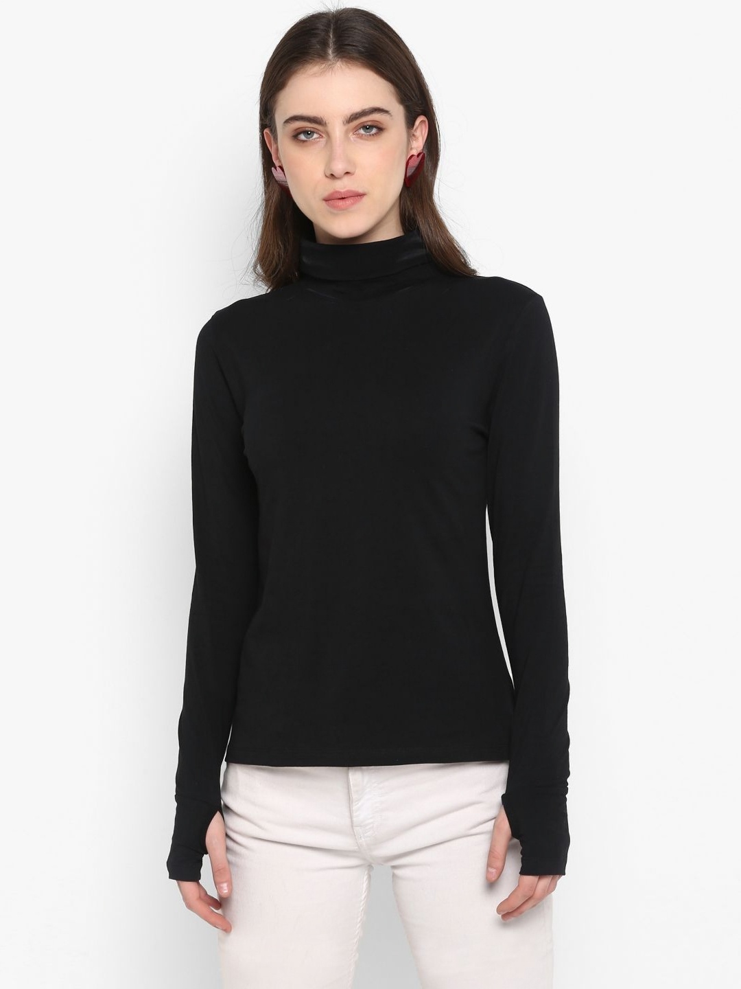 

Metronaut Women High Neck Raw Edge Slim Fit T-shirt, Black
