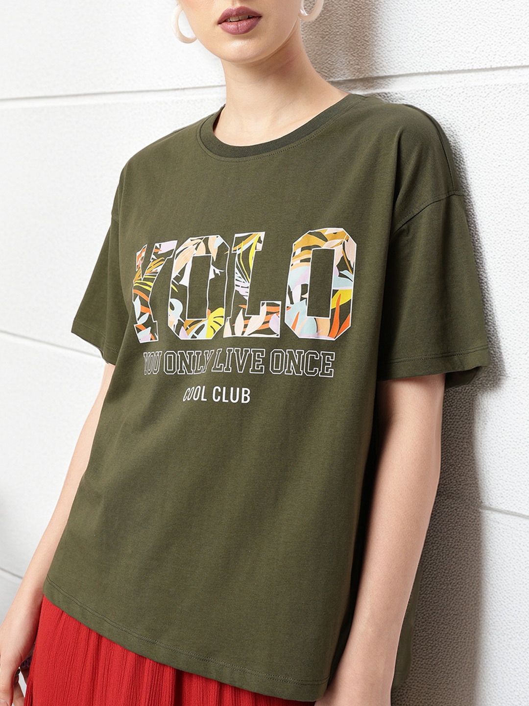 

DressBerry Grunge Vibes, YOLO Spirit Printed Oversized T-shirt, Green