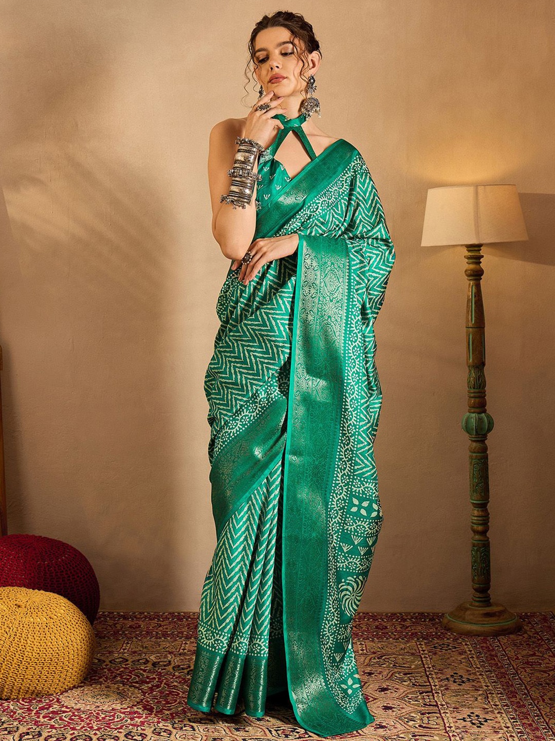

Anouk Rustic Zari Silk Blend Sungudi Saree, Sea green