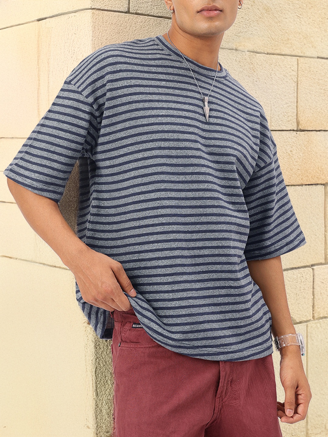 

Kook N Keech Wardrobe Basics Striped Relax Drop Sleeves Oversized Tee, Blue