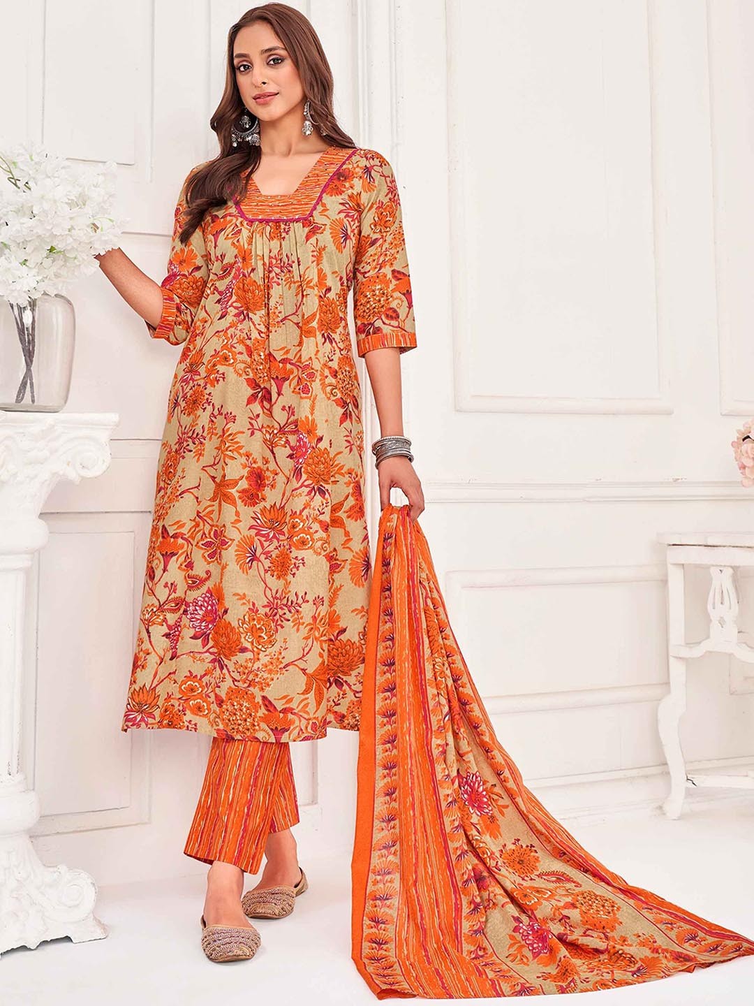 

MOJILAA Floral Printed Sequinned V-Neck A-Line Kurta With Trousers And Dupatta, Orange