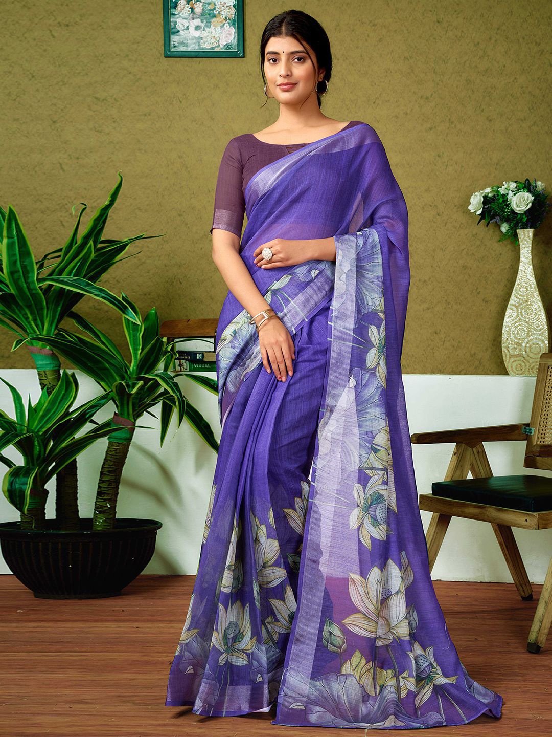 

all about you Floral Zari Pure Linen Ready to Wear Saree, Purple