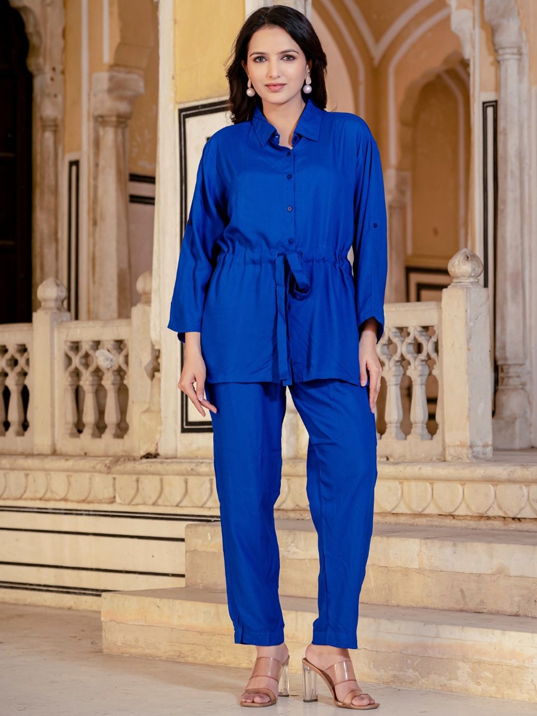 

SAADGEE Three-Quarter Sleeves Shirt With Trousers, Blue