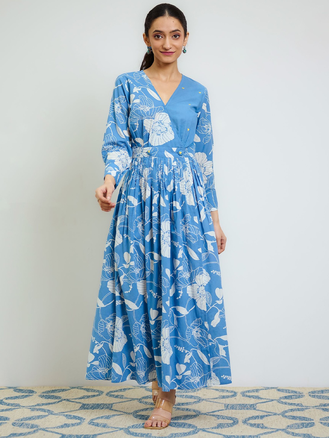 

Rustorange Women Sky Blue Ayesha Cotton Overlap Dress with Hand Embroidery Detail