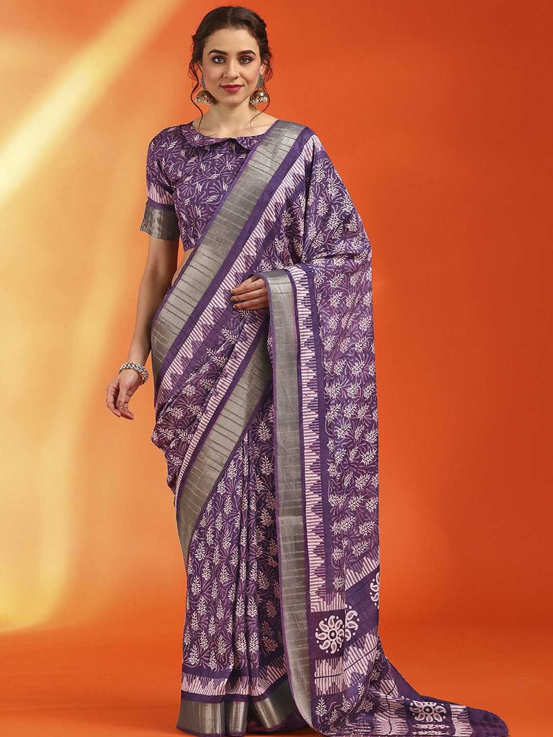 

Anouk Rustic Ethnic Motifs Zari Silk Cotton Sungudi Saree, Violet