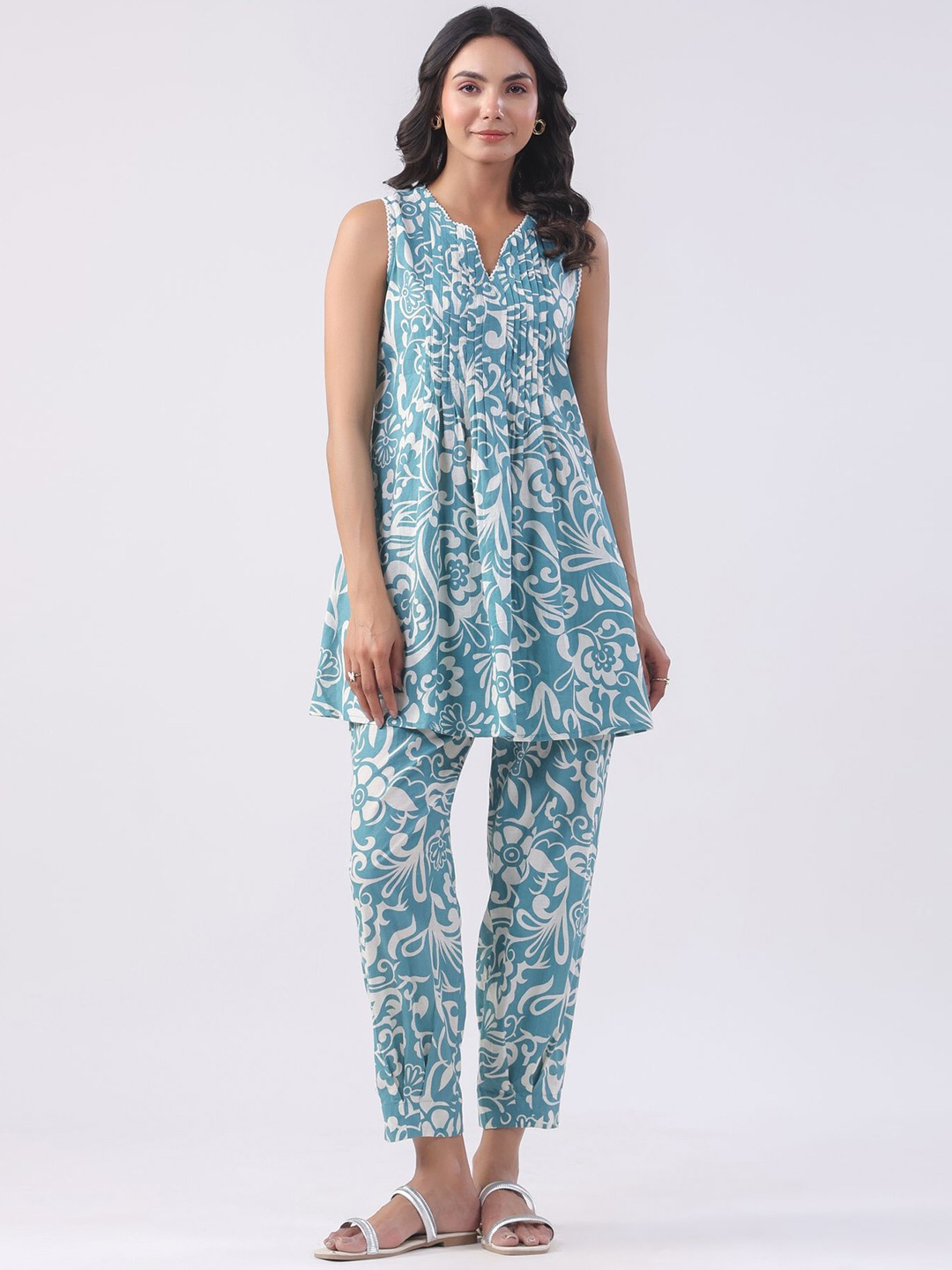 

JISORA Printed Notch Neck Pure Cotton Tunic With Trousers Co-Ords Set, Blue