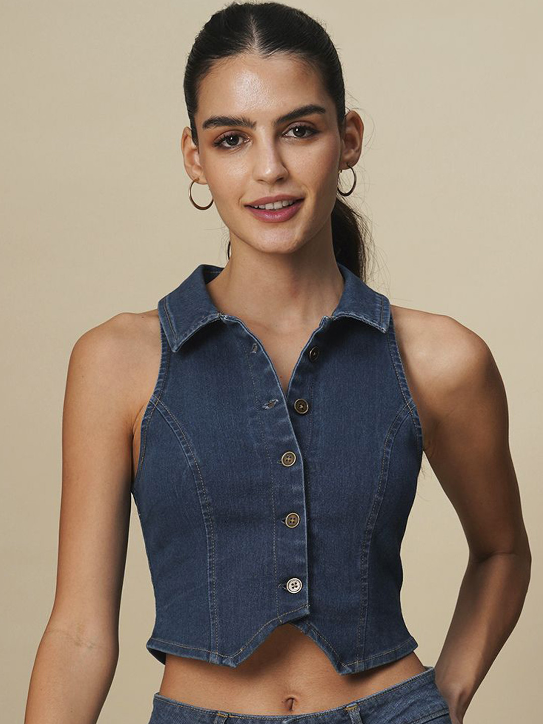 

Chemistry Shirt Collar Denim Waistcoat, Blue