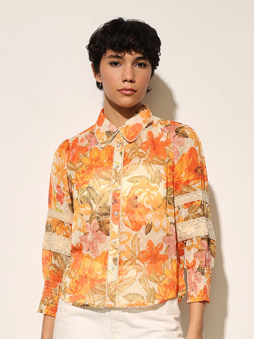 

ONLY Women Floral Semi Sheer Printed Casual Shirt, Orange