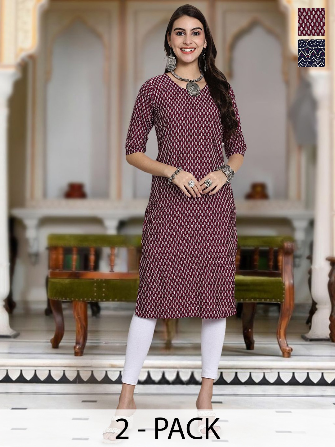 

Moda Rapido Selection Of 2 Geometric Printed Round Neck Straight Kurta, Maroon