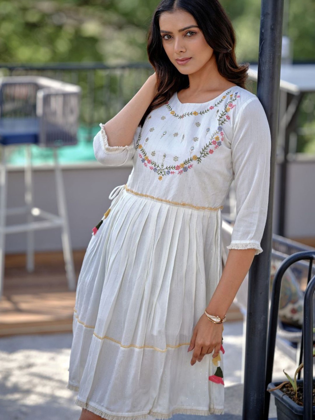 

Kesudi Embroidered Silk Fit & Flared Dress, White