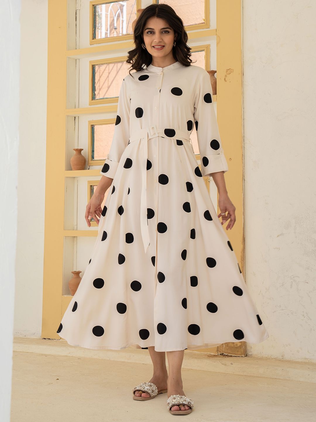 

ZUMMER Polka Dot Print Fit & Flare Midi Dress, Cream