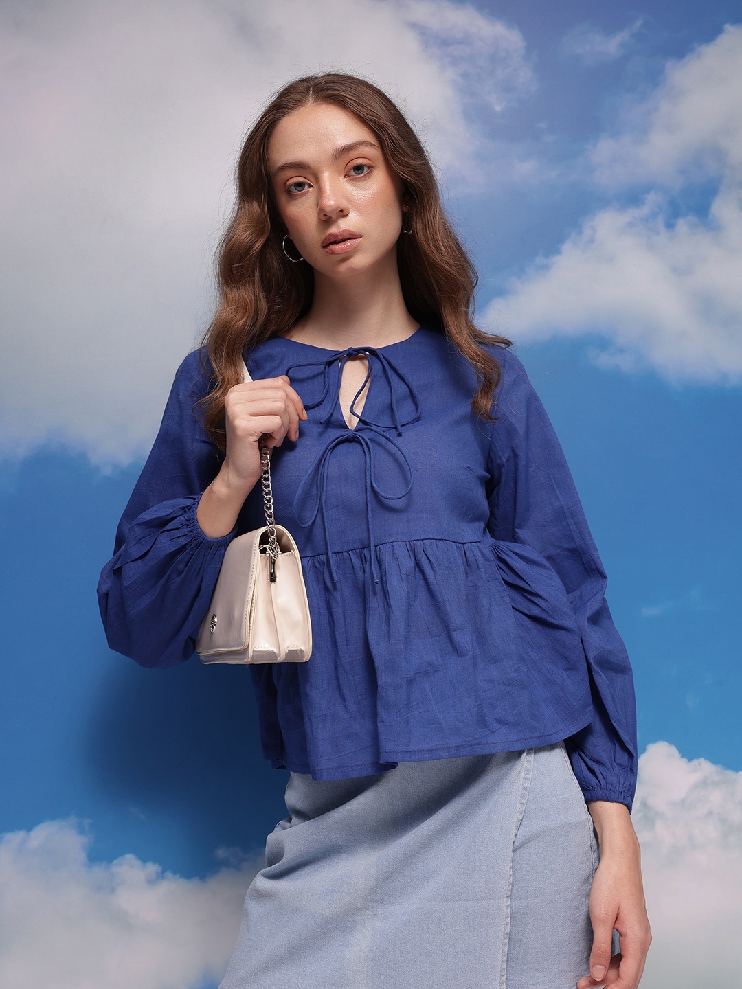 

CORSICA Tie-Up Neck Pure Cotton Empire Top, Blue