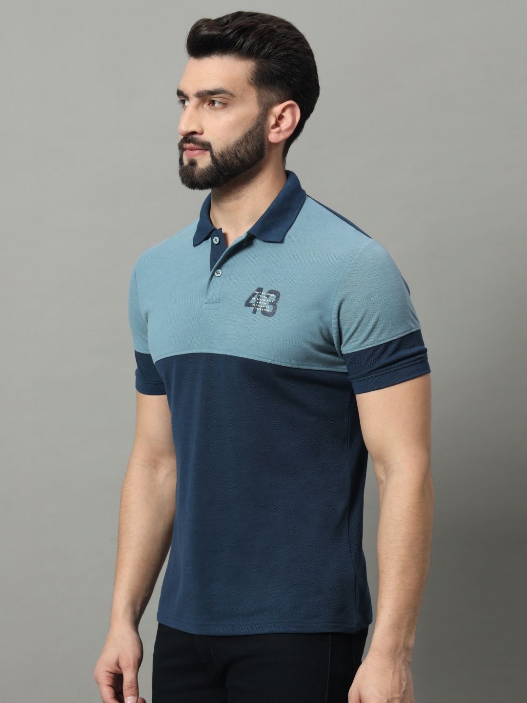 

OGEN Men Colourblocked Polo Collar Applique T-shirt, Navy blue