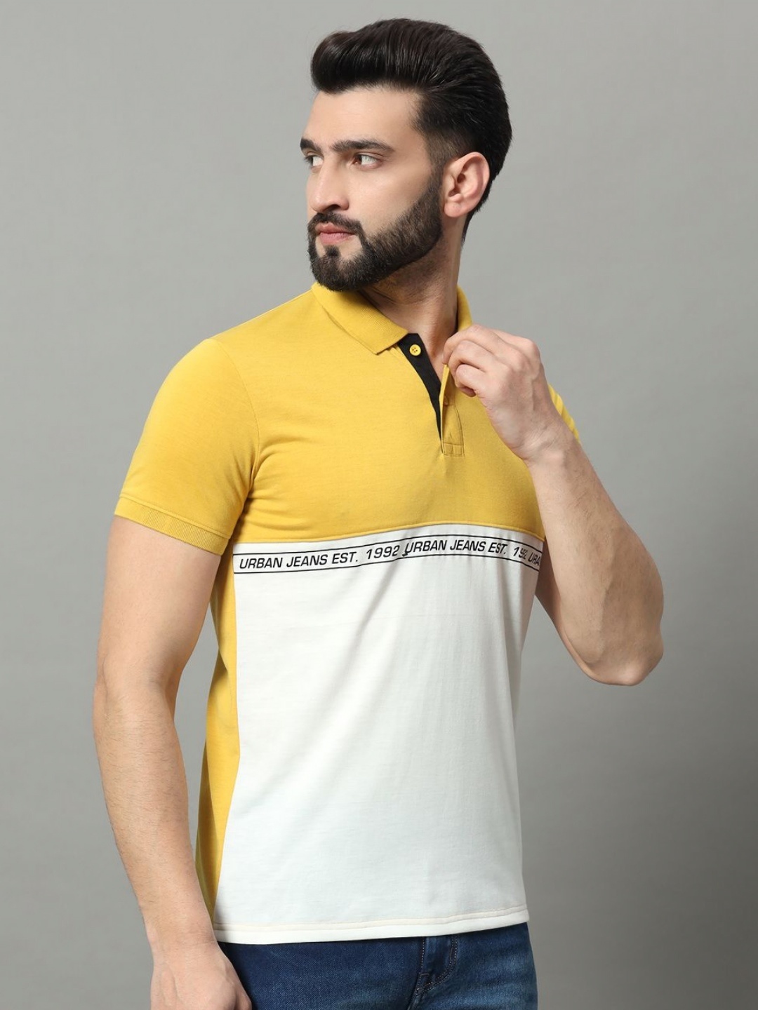 

OGEN Men Colourblocked Polo Collar Pockets T-shirt, Mustard