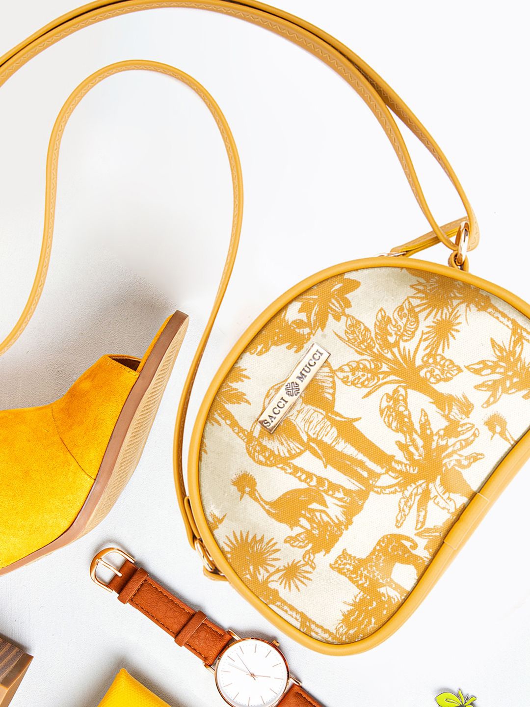 

Sacci Mucci Floral Printed Sling Bag with Applique, Yellow
