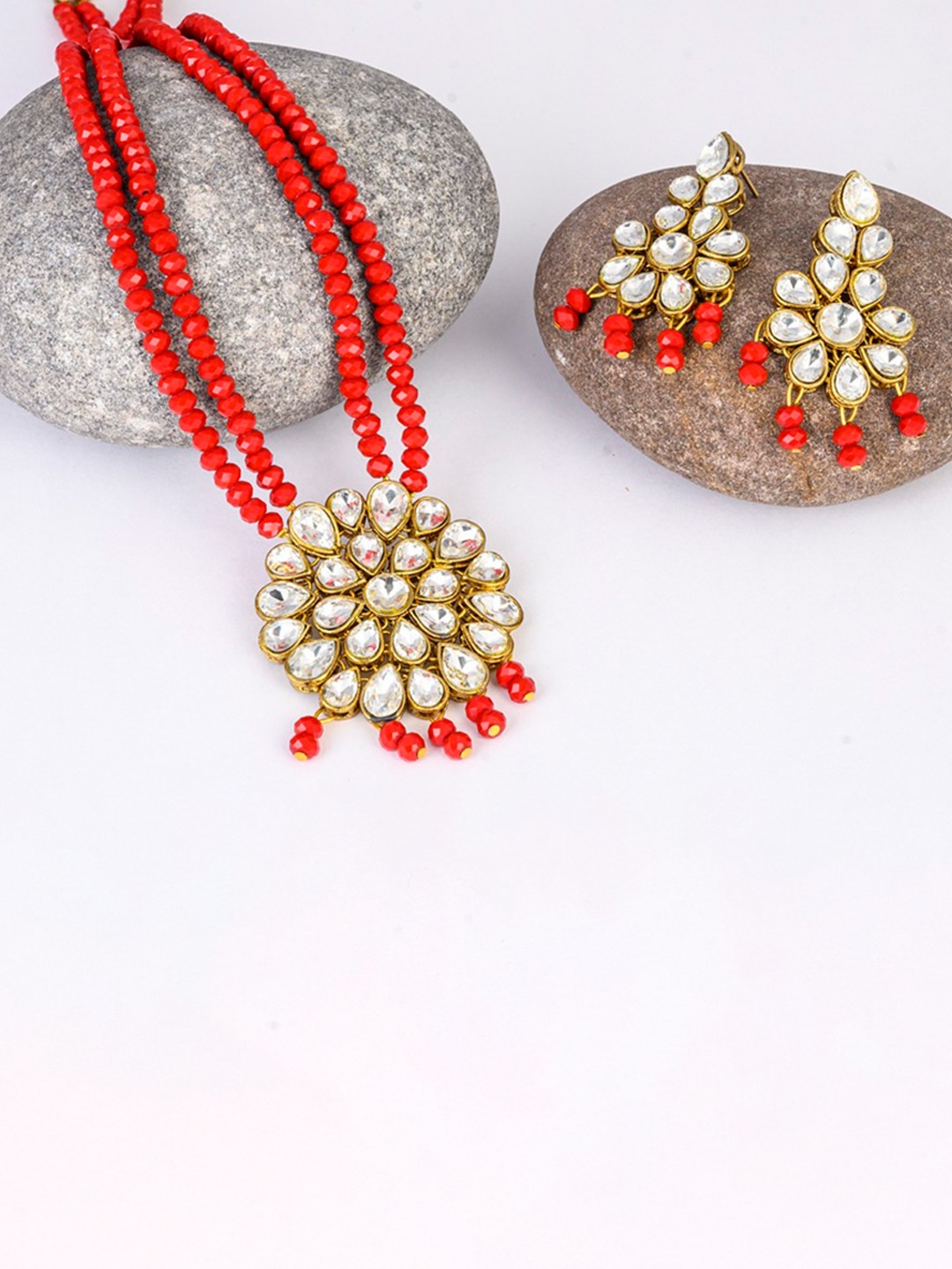 

VIPY HANGER Stone-Studded & Beaded Jewellery Set, Red