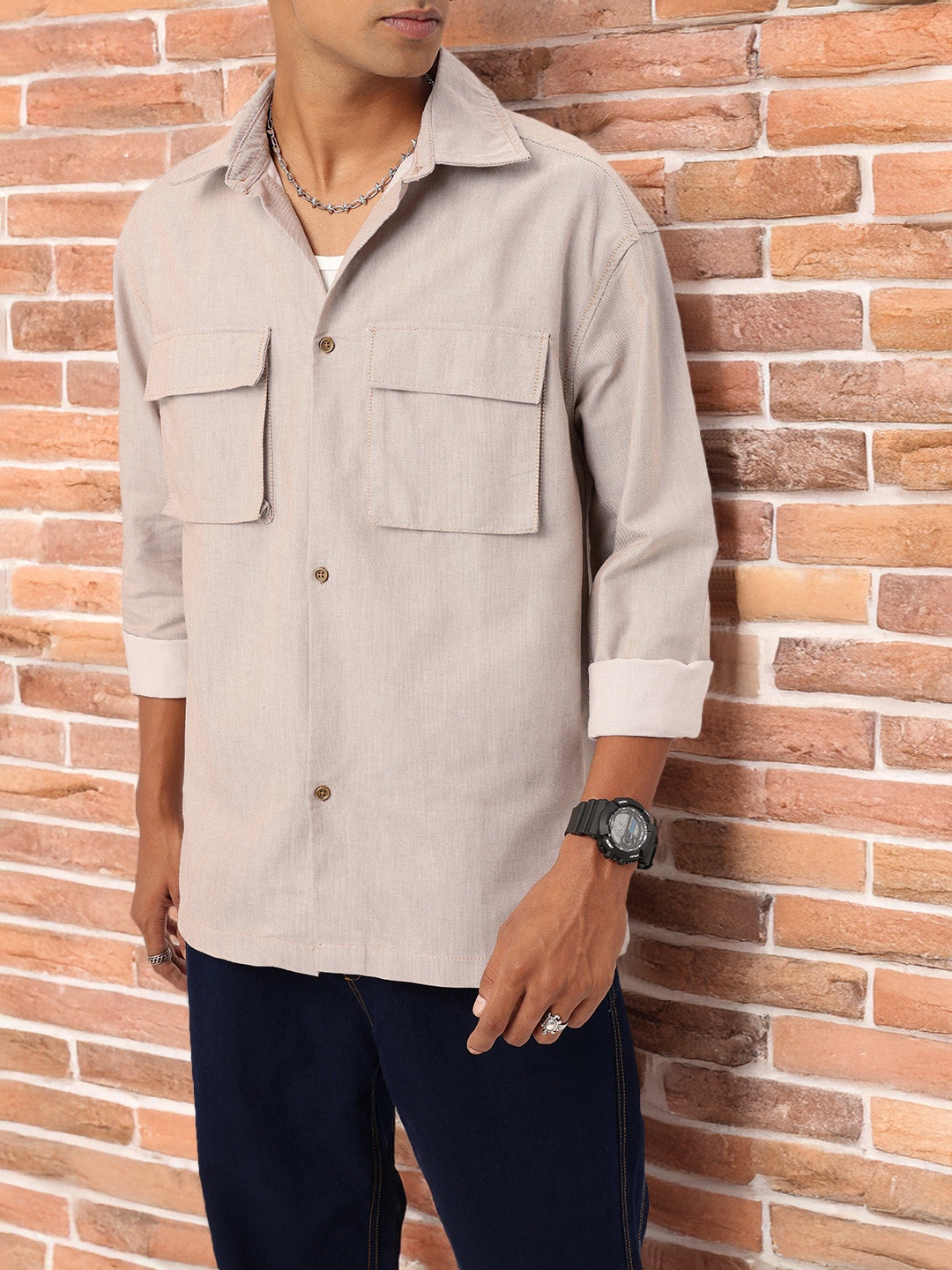 

Kook N Keech Downtown Flap Pocket Drop-Shoulder Relaxed Fit Shirt, Taupe