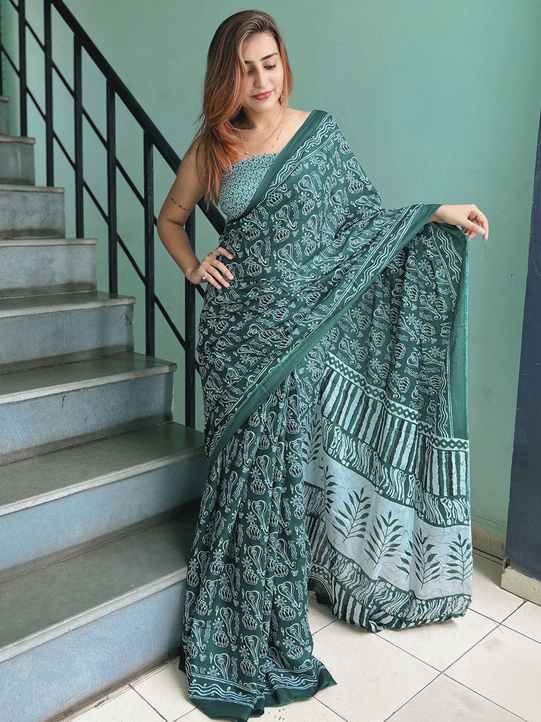 

Anouk Rustic Ethnic Motifs Bagh Saree, Teal