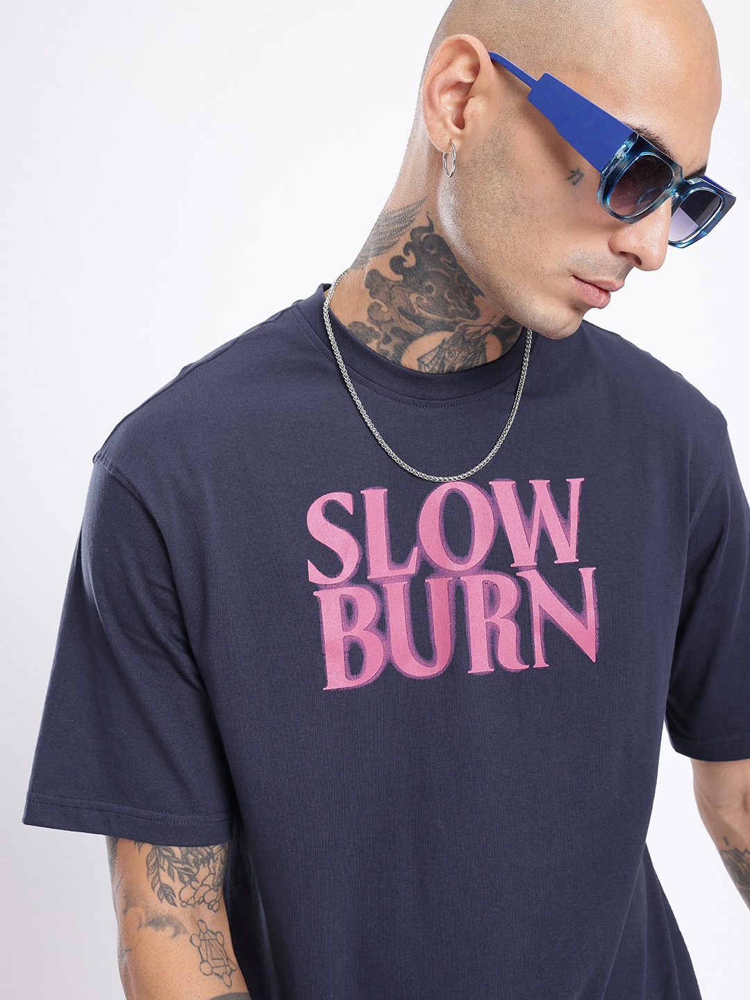 

glitchez Street Cool Typography Printed Relaxed Fit T-shirt, Navy blue