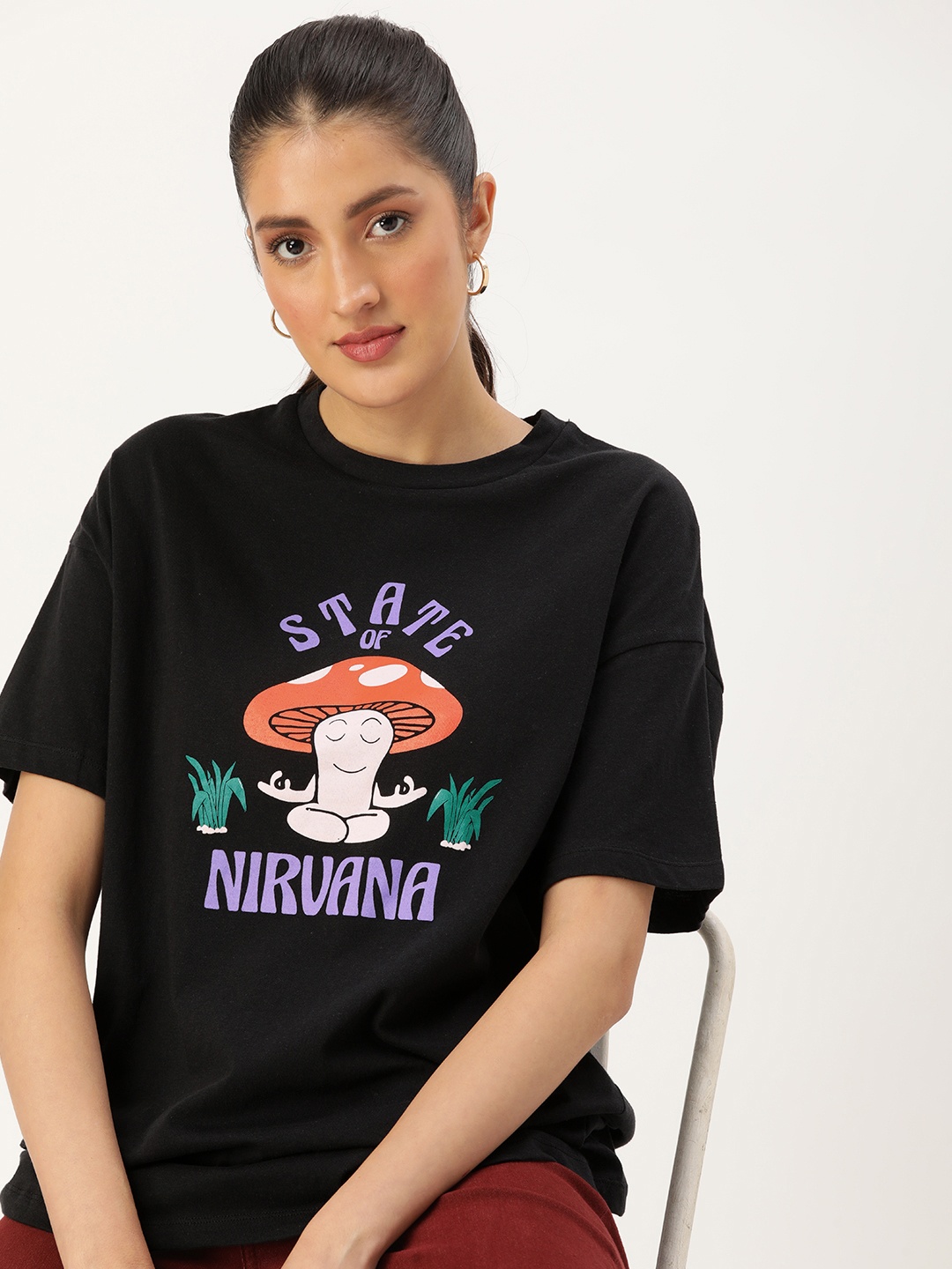 

Kook N Keech Drop-Shoulder Printed Oversized Pure Cotton T-shirt, Black