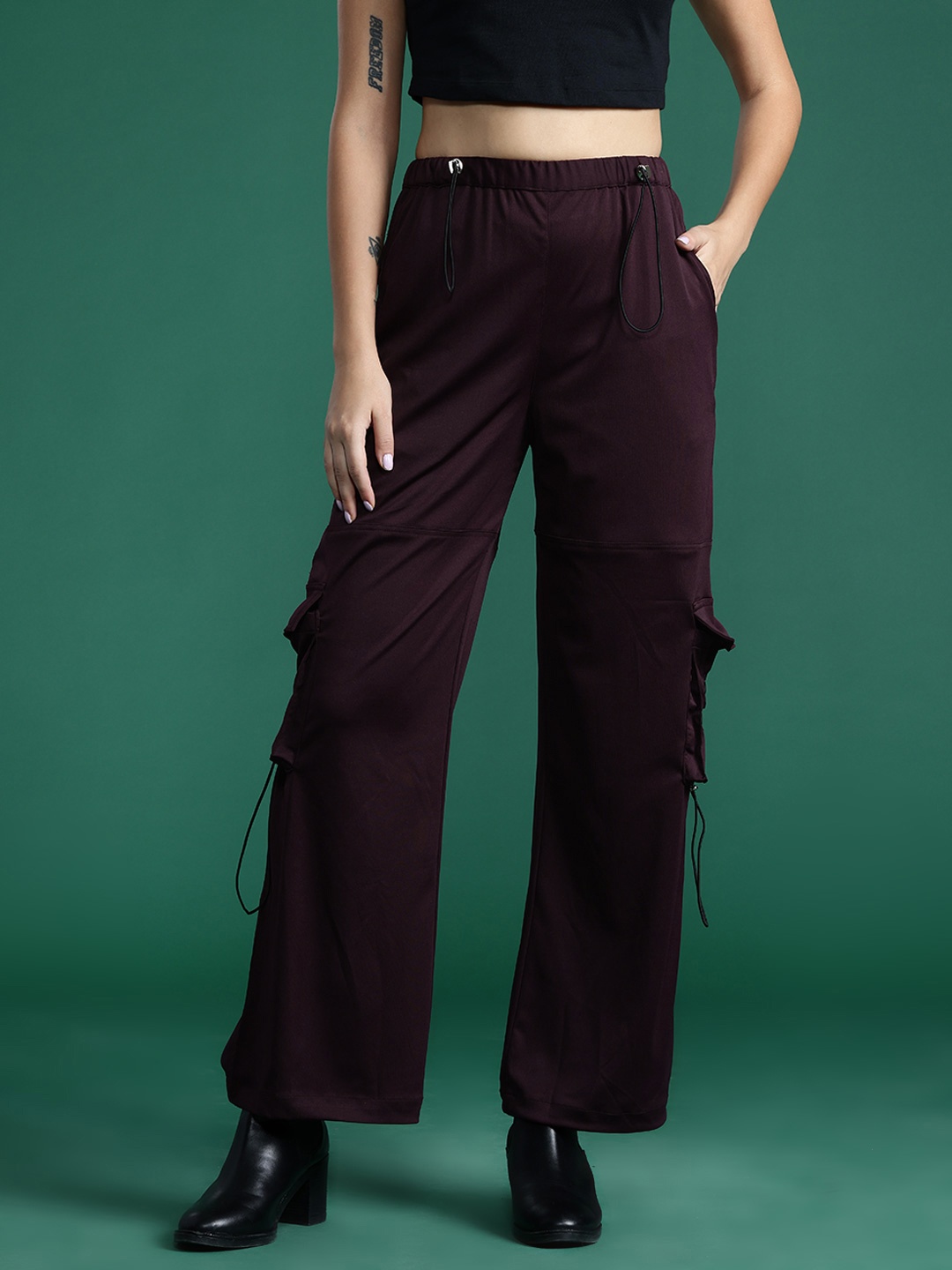 

DressBerry Women Straight Fit High-Rise Cargos, Burgundy