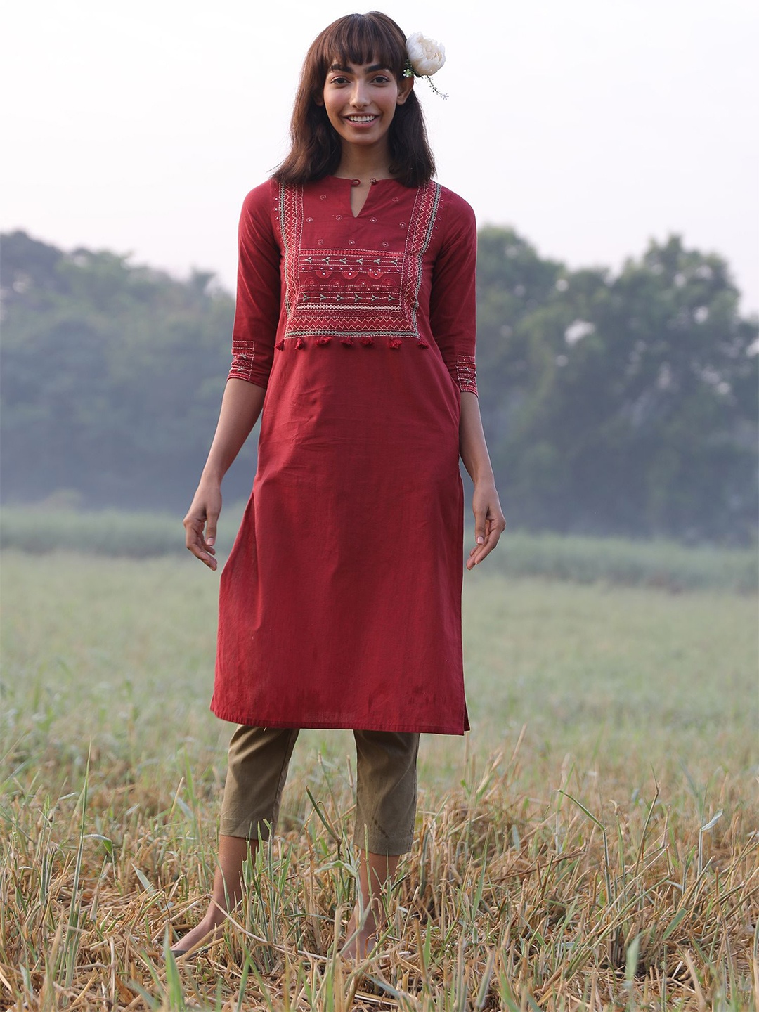 

OKHAI Ethnic Motifs Embroidered Mirror Work Pure Cotton Straight Kurta, Red