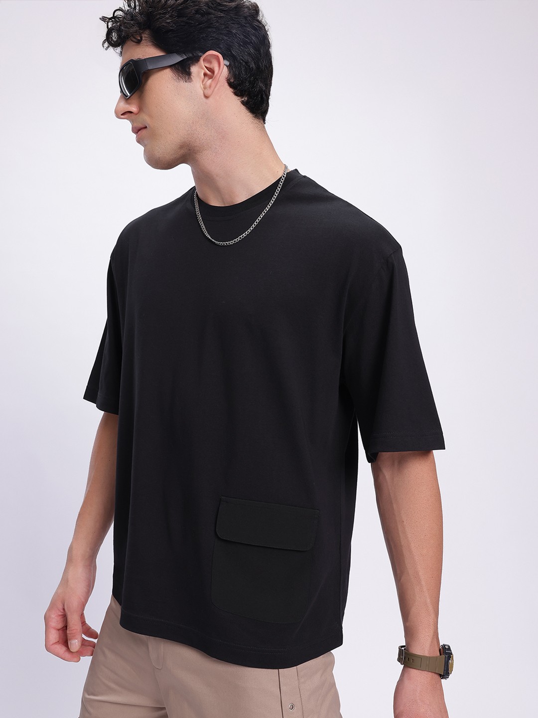 

glitchez Noir Threads Drop-Shoulder Sleeves T-shirt, Black